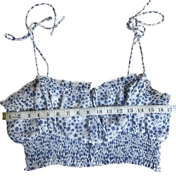 Princess Polly Blue Floral Smocked Crop Top Tie Strap Ruffle Cottagecore Size 12 - Picture 5 of 5